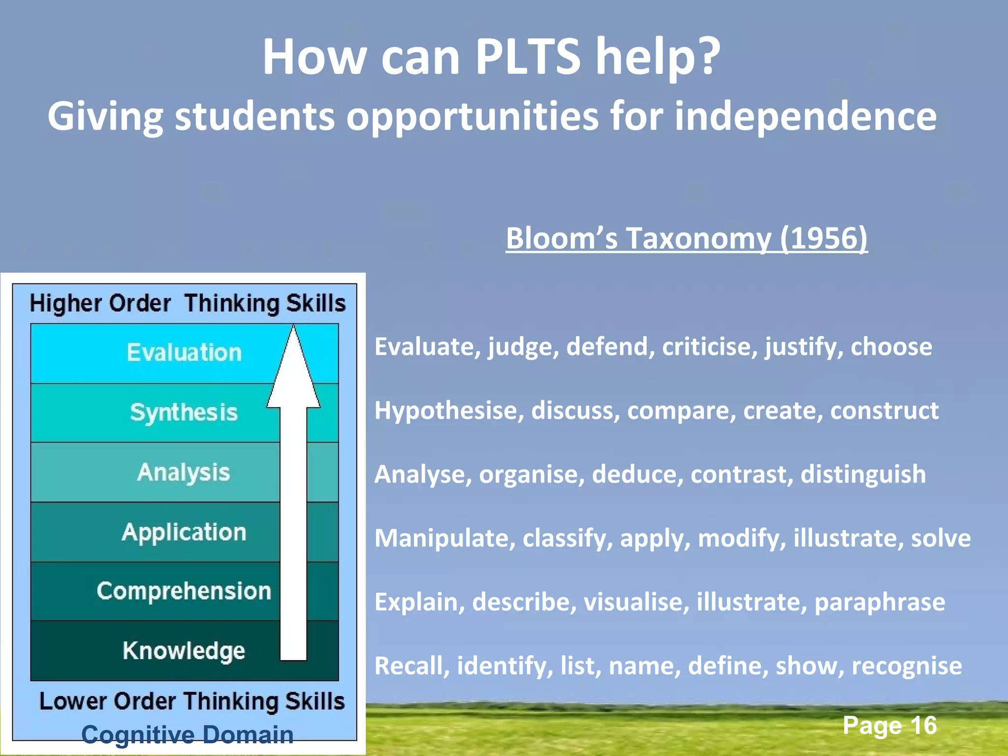 Powerpoint Templates
Page 16
How can PLTS help?
Giving students opportunities for independence
Evaluate, judge, defend, criticise, justify, choose
Hypothesise, discuss, compare, create, construct
Analyse, organise, deduce, contrast, distinguish
Manipulate, classify, apply, modify, illustrate, solve
Explain, describe, visualise, illustrate, paraphrase
Recall, identify, list, name, define, show, recognise
Bloom’s Taxonomy (1956)
Cognitive Domain
 