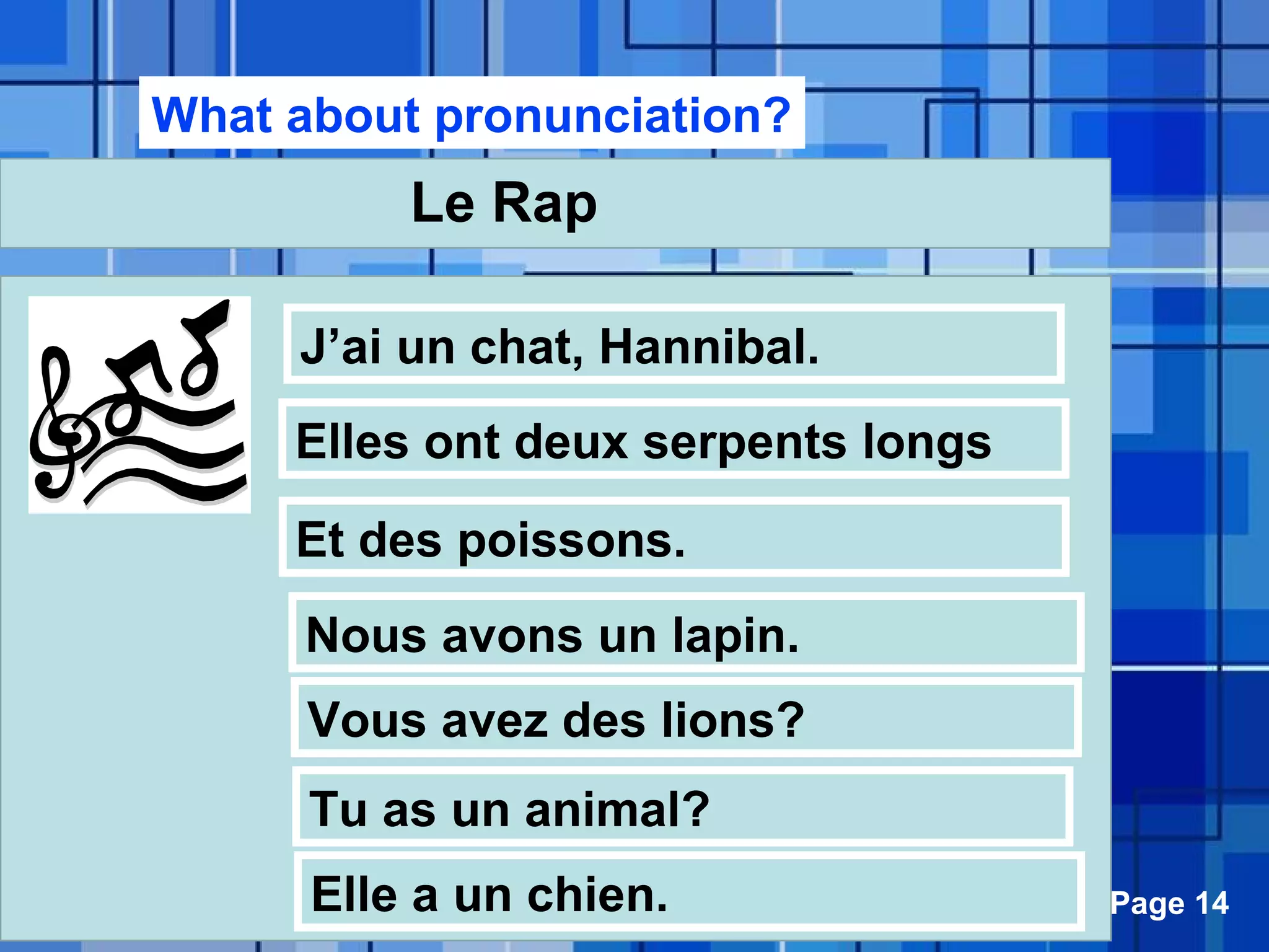 Powerpoint Templates Page 14
Le Rap
J’ai un chat, Hannibal.
Tu as un animal?
Elle a un chien.
Nous avons un lapin.
Vous avez des lions?
Elles ont deux serpents longs
Et des poissons.
What about pronunciation?
 