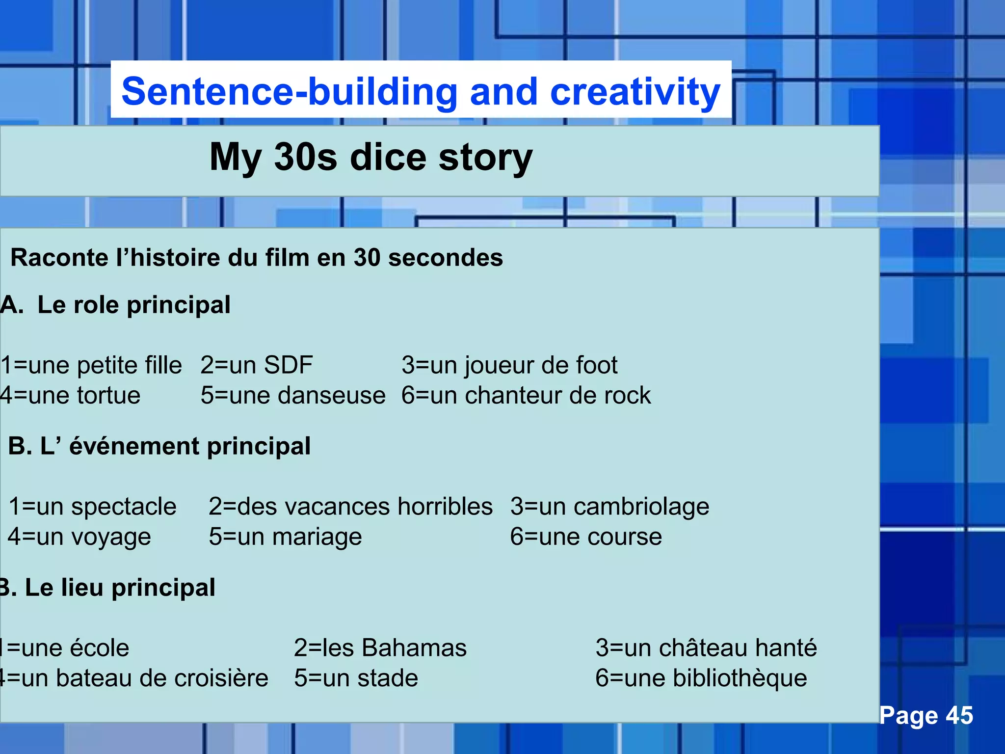 Powerpoint Templates Page 45
My 30s dice story
Raconte l’histoire du film en 30 secondes
A. Le role principal
1=une petite fille 2=un SDF 3=un joueur de foot
4=une tortue 5=une danseuse 6=un chanteur de rock
B. L’ événement principal
1=un spectacle 2=des vacances horribles 3=un cambriolage
4=un voyage 5=un mariage 6=une course
B. Le lieu principal
1=une école 2=les Bahamas 3=un château hanté
4=un bateau de croisière 5=un stade 6=une bibliothèque
Sentence-building and creativity
 