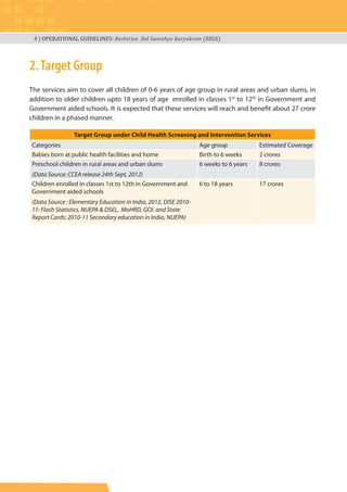 4 | OPERATIONAL GUIDELINES: Rashtriya Bal Swasthya Karyakram (RBSK)
2.Target Group
The services aim to cover all children of 0-6 years of age group in rural areas and urban slums, in
addition to older children upto 18 years of age enrolled in classes 1st
to 12th
in Government and
Government aided schools. It is expected that these services will reach and benefit about 27 crore
children in a phased manner.
Target Group under Child Health Screening and Intervention Services
Categories Age group Estimated Coverage
Babies born at public health facilities and home Birth to 6 weeks 2 crores
Preschool children in rural areas and urban slums
(Data Source: CCEA release 24th Sept, 2012)
6 weeks to 6 years 8 crores
Children enrolled in classes 1st to 12th in Government and
Government aided schools
(Data Source : Elementary Education in India, 2012, DISE 2010-
11: Flash Statistics, NUEPA & DSEL, MoHRD, GOI. and State
Report Cards: 2010-11 Secondary education in India, NUEPA)
6 to 18 years 17 crores
 