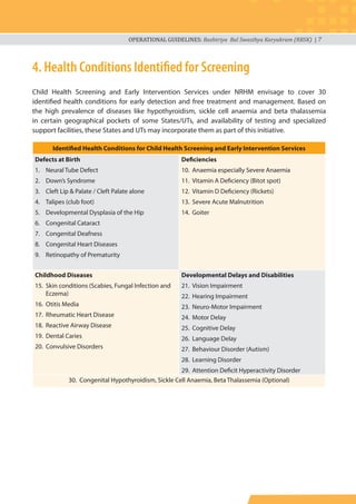 OPERATIONAL GUIDELINES: Rashtriya Bal Swasthya Karyakram (RBSK) | 7
4. Health Conditions Identiﬁed for Screening
Child Health Screening and Early Intervention Services under NRHM envisage to cover 30
identified health conditions for early detection and free treatment and management. Based on
the high prevalence of diseases like hypothyroidism, sickle cell anaemia and beta thalassemia
in certain geographical pockets of some States/UTs, and availability of testing and specialized
support facilities, these States and UTs may incorporate them as part of this initiative.
Identified Health Conditions for Child Health Screening and Early Intervention Services
Defects at Birth
1. Neural Tube Defect
2. Down’s Syndrome
3. Cleft Lip & Palate / Cleft Palate alone
4. Talipes (club foot)
5. Developmental Dysplasia of the Hip
6. Congenital Cataract
7. Congenital Deafness
8. Congenital Heart Diseases
9. Retinopathy of Prematurity
Deficiencies
10. Anaemia especially Severe Anaemia
11. Vitamin A Deficiency (Bitot spot)
12. Vitamin D Deficiency (Rickets)
13. Severe Acute Malnutrition
14. Goiter
Childhood Diseases
15. Skin conditions (Scabies, Fungal Infection and
Eczema)
16. Otitis Media
17. Rheumatic Heart Disease
18. Reactive Airway Disease
19. Dental Caries
20. Convulsive Disorders
Developmental Delays and Disabilities
21. Vision Impairment
22. Hearing Impairment
23. Neuro-Motor Impairment
24. Motor Delay
25. Cognitive Delay
26. Language Delay
27. Behaviour Disorder (Autism)
28. Learning Disorder
29. Attention Deficit Hyperactivity Disorder
30. Congenital Hypothyroidism, Sickle Cell Anaemia, Beta Thalassemia (Optional)
 