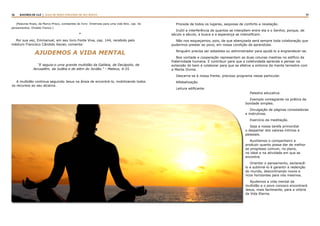 36 37RASTROS DE LUZ | ALGO DE NOVO ESPLENDE DE SEU ROSTO
“E seguia-o uma grande multidão da Galileia, de Decápolis, de
Jerusalém, da Judéia e de além do Jordão.” - Mateus, 4:25
A multidão continua seguindo Jesus na ânsia de encontrá-lo, mobilizando todos
os recursos ao seu alcance.
AJUDEMOS A VIDA MENTAL
(Palavras finais, de Marco Prisco, constantes do livro: Diretrizes para uma vida feliz, cap. Os
pensamentos. Divaldo Franco.)
*
Por sua vez, Emmanuel, em seu livro Fonte Viva, cap. 144, recebido pelo
médium Francisco Cândido Xavier, comenta:
Procede de todos os lugares, sequiosa de conforto e revelação.
Inútil a interferência de quantos se interpõem entre ela e o Senhor, porque, de
século a século, a busca e a esperança se intensificam.
Não nos esqueçamos, pois, de que abençoada será sempre toda colaboração que
pudermos prestar ao povo, em nossa condição de aprendizes.
Ninguém precisa ser estadista ou administrador para ajudá-lo a engrandecer-se.
Boa vontade e cooperação representam as duas colunas mestras no edifício da
fraternidade humana. E contribuir para que a coletividade aprenda a pensar na
extensão do bem é colaborar para que se efetive a sintonia da mente terrestre com
a Mente Divina.
Descerra-se à nossa frente, precioso programa nesse particular.
Alfabetização.
Leitura edificante.
Palestra educativa.
Exemplo contagiante na prática da
bondade simples.
Divulgação de páginas consoladoras
e instrutivas.
Exercício da meditação.
Seja a nossa tarefa primordial
o despertar dos valores íntimos e
pessoais.
Auxiliemos o companheiro a
produzir quanto possa dar de melhor
ao progresso comum, no plano,
no ideal e na atividade em que se
encontra.
Orientar o pensamento, esclarecê-
lo e sublimá-lo é garantir a redenção
do mundo, descortinando novos e
ricos horizontes para nós mesmos.
Ajudemos a vida mental da
multidão e o povo conosco encontrará
Jesus, mais facilmente, para a vitória
da Vida Eterna.
 