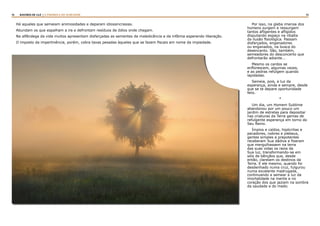 14 15RASTROS DE LUZ | A PARÁBOLA DO SEMEADOR
Há aqueles que semeiam animosidades e deparam idiossincrasias.
Abundam os que espalham a ira e defrontam resíduos de ódios onde chegam.
Na alfândega da vida muitos apresentam disfarçadas as sementes da maledicência e da infâmia esperando liberação.
O imposto da impertinência, porém, cobra taxas pesadas àqueles que se fazem fiscais em nome da impiedade.
Por isso, na gleba imensa dos
homens surgem e ressurgem
tantos afligentes e afligidos
disputando espaço na ribalta
da ilusão fisiológica. Passam
disfarçados, enganadores
ou enganados, na busca do
desencanto. São, também,
semeadores do desconcerto que
defrontarão adiante...
Mesmo os cardos se
enflorescem, algumas vezes,
e as pedras refulgem quando
lapidadas.
Semeia, pois, a luz da
esperança, ainda e sempre, desde
que se te depare oportunidade
feliz.
*
Um dia, um Homem Sublime
abandonou por um pouco um
jardim de estrelas para depositar
nas criaturas da Terra gemas de
refulgente esperança em torno do
Seu Reino.
Ímpios e caídos, hipócritas e
pecadores, nobres e plebeus,
gentes simples e prepotentes
receberam Sua dádiva e fizeram
que mergulhassem na terra
das suas vidas os raios da
Sua luz, transformando-se em
sóis de bênçãos que, desde
então, clareiam os destinos da
Terra. E ele mesmo, quando foi
desdenhado numa cruz, fulgurou
numa excelente madrugada,
continuando a semear a luz da
imortalidade na mente e no
coração dos que jaziam na sombra
da saudade e do medo.
 