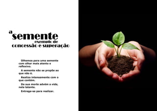 17
Olhemos para uma semente
com olhar mais atento e
reflexivo.
A semente não se propõe ao
que não é.
Realiza intensamente com o
que contém.
Da sua morte advém a vida,
nela latente.
Entrega-se para realizar.
a
semente
concessão e superação
exemplo de
 