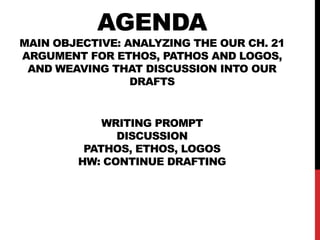 AGENDA

MAIN OBJECTIVE: ANALYZING THE OUR CH. 21
ARGUMENT FOR ETHOS, PATHOS AND LOGOS,
AND WEAVING THAT DISCUSSION INTO OUR
DRAFTS

WRITING PROMPT
DISCUSSION
PATHOS, ETHOS, LOGOS
HW: CONTINUE DRAFTING

 