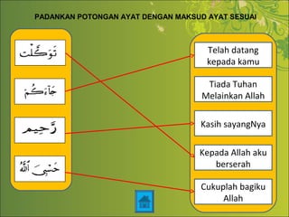 PADANKAN POTONGAN AYAT DENGAN MAKSUD AYAT SESUAI
Telah datang
kepada kamu
Tiada Tuhan
Melainkan Allah
Kasih sayangNya
Kepada Allah aku
berserah
Cukuplah bagiku
Allah
 