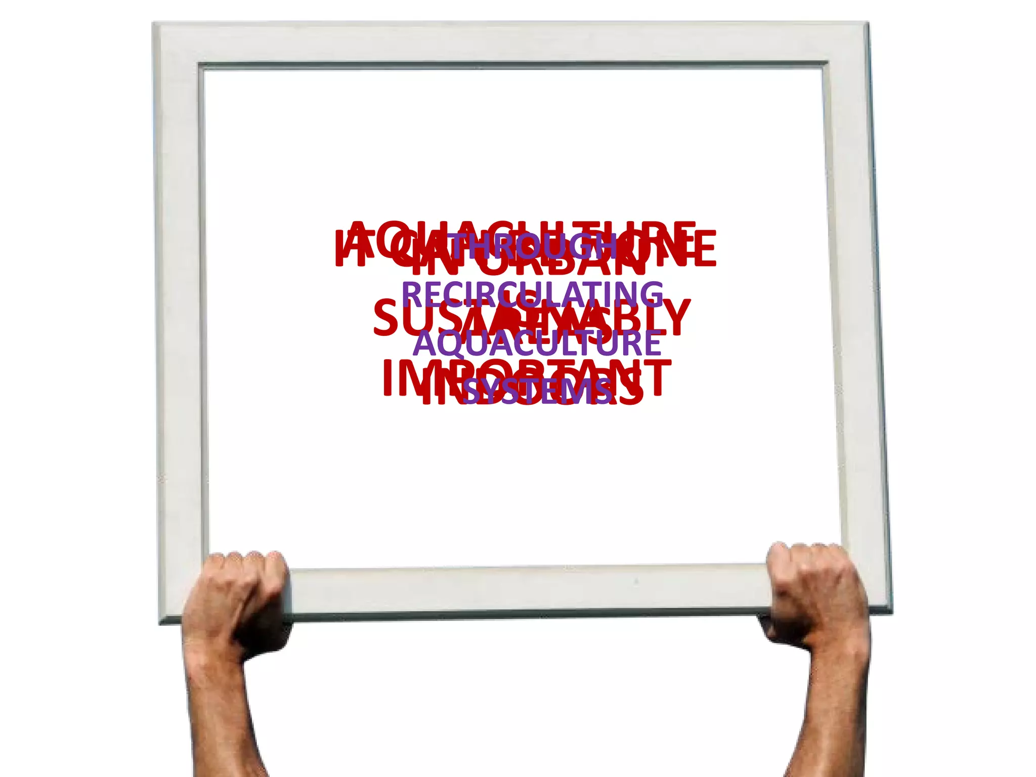 IN URBAN
AREAS
IT CAN BE DONE
SUSTAINABLY
INDOORS
AQUACULTURE
IS
IMPORTANT
THROUGH
RECIRCULATING
AQUACULTURE
SYSTEMS
 