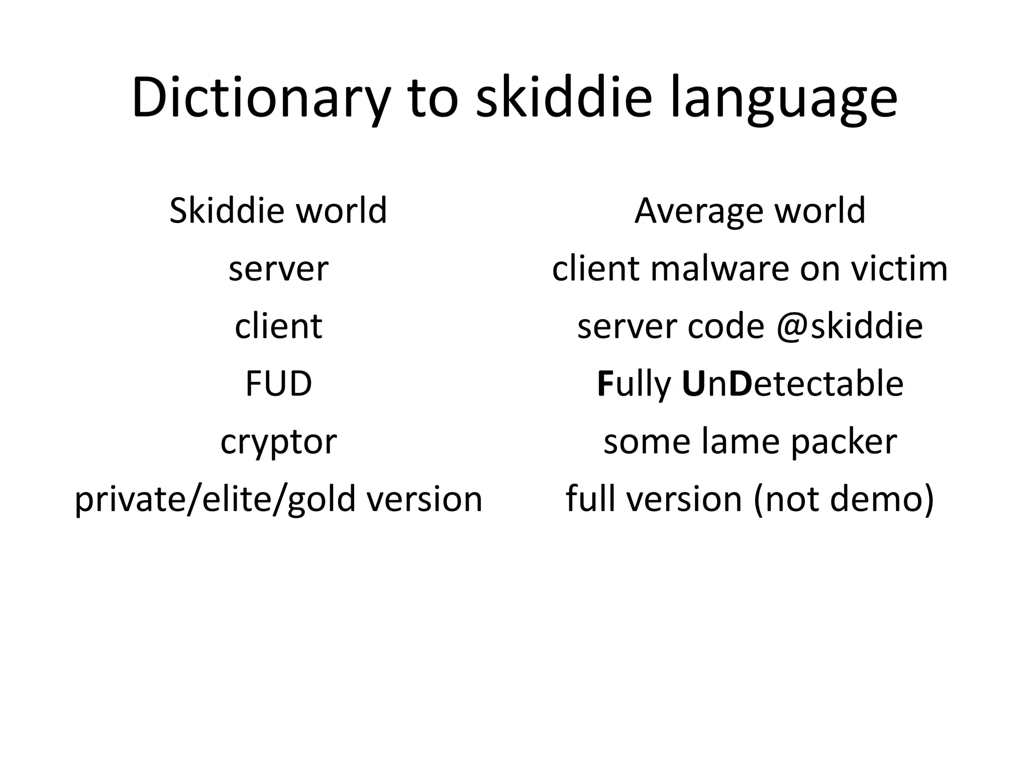 Dictionary to skiddie language
Skiddie world
server
client
FUD
cryptor
private/elite/gold version

Average world
client malware on victim
server code @skiddie
Fully UnDetectable
some lame packer
full version (not demo)

 