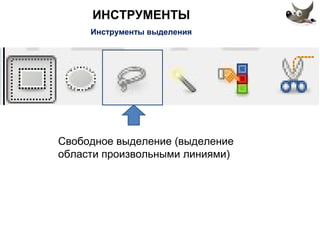 ИНСТРУМЕНТЫ 
Инструменты выделения 
Свободное выделение (выделение 
области произвольными линиями) 
 
