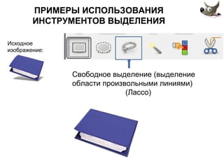 ПРИМЕРЫ ИСПОЛЬЗОВАНИЯ 
ИНСТРУМЕНТОВ ВЫДЕЛЕНИЯ 
Исходное 
изображение: 
Свободное выделение (выделение 
области произвольными линиями) 
(Лассо) 
 