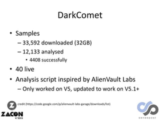 DarkComet
• Samples
– 33,592 downloaded (32GB)
– 12,133 analysed
• 4408 successfully

• 40 live
• Analysis script inspired by AlienVault Labs
– Only worked on V5, updated to work on V5.1+
credit (https://code.google.com/p/alienvault-labs-garage/downloads/list)

 