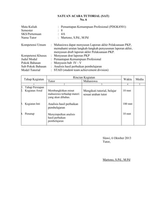SATUAN ACARA TUTORIAL (SAT)
No. 6
Mata Kuliah
Semester
SKS/Pertemuan
Nama Tutor
Kompetensi Umum

Kompetensi Khusus
Judul Modul
Pokok Bahasan
Sub Pokok Bahasan
Model Tutorial
Tahap Kegiatan
1

1. Tahap Persiapan
2. Kegiatan Awal

:
:
:
:

Pemantapan Kemampuan Profesional (PDGK4501)
8
4/6
Martono, S.Pd., M.Pd

: Mahasiswa dapat menyusun Laporan akhir Pelaksanaan PKP,
memahami urutan langkah-langkah penyusunan laporan akhir,
menyusun draft laporan akhir Pelaksanaan PKP.
: Menyusun drat laporan PKP
: Pemantapan Kemampuan Profesional
: Menyusin bab IV - V
: Analisis hasil perbaikan pembelajaran
: STAD (student team achievement division)
Rincian Kegiatan
Mahasiswa

Tutor
2

Membangkitkan minat
mahasiswa terhadap materi
yang akan dibahas.

Waktu
4

3

Mengikuti tutorial, belajar
sesuai arahan tutor

Media
5

10 mnt

3. Kegiatan Inti

Analisis hasil perbaikan
pembelajaran

100 mnt

4. Penutup

Menyimpulkan analisis
hasil perbaikan
pembelajaran

10 mnt

Slawi, 6 Oktober 2013
Tutor,

Martono, S.Pd., M.Pd

 