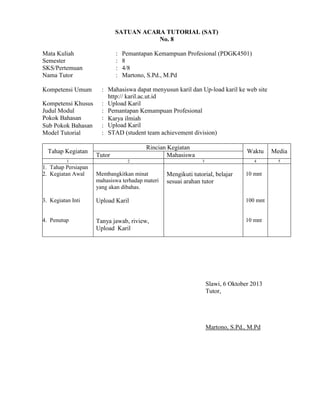 SATUAN ACARA TUTORIAL (SAT)
No. 8
Mata Kuliah
Semester
SKS/Pertemuan
Nama Tutor
Kompetensi Umum
Kompetensi Khusus
Judul Modul
Pokok Bahasan
Sub Pokok Bahasan
Model Tutorial
Tahap Kegiatan
1

1. Tahap Persiapan
2. Kegiatan Awal

:
:
:
:

Pemantapan Kemampuan Profesional (PDGK4501)
8
4/8
Martono, S.Pd., M.Pd

: Mahasiswa dapat menyusun karil dan Up-load karil ke web site
http:// karil.ac.ut.id
: Upload Karil
: Pemantapan Kemampuan Profesional
: Karya ilmiah
: Upload Karil
: STAD (student team achievement division)
Rincian Kegiatan
Mahasiswa

Tutor
2

Membangkitkan minat
mahasiswa terhadap materi
yang akan dibahas.

Waktu
4

3

Mengikuti tutorial, belajar
sesuai arahan tutor

Media
5

10 mnt

3. Kegiatan Inti

Upload Karil

100 mnt

4. Penutup

Tanya jawab, riview,
Upload Karil

10 mnt

Slawi, 6 Oktober 2013
Tutor,

Martono, S.Pd., M.Pd

 