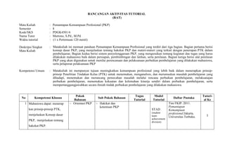 RANCANGAN AKTIVITAS TUTORIAL
(RAT)
Mata Kuliah
Semester
Kode/SKS
Nama Tutor
Waktu tutorial

:
:
:
:
:

Deskripsi Singkat
Mata Kuliah

: Matakuliah ini memuat panduan Pemantapan Kemampuan Profesional yang terdiri dari tiga bagian. Bagian pertama berisi
konsep dasar PKP, yang menjelaskan tentang hakekat PKP dan materi-materi yang terkait dengan penerapan PTK dalam
pembelajaran. Bagian kedua berisi sistem penyelenggaraan PKP, yang menguraikan tentang kegiatan dan tugas yang harus
dilakukan mahasiswa baik dalam persiapan, pembimbingan dan latihan, serta penilaian. Bagian ketiga berisi alat penilaian
PKP yang akan digunakan untuk menilai perencanaan dan pelaksanaan perbaikan pembelajaran yang dilakukan mahasiswa,
serta pelaporan pelaksanaan PKP

Kompetensi Umum

: Matakuliah ini mempunyai tujuan meningkatkan kemampuan profesional yang lebih baik dalam menerapkan prinsipprinsip Penelitian Tindakan Kelas (PTK) untuk menemukan, menganalisis, dan merumuskan masalah pembelajaran yang
dihadapi, menemukan dan merancang pemecahan masalah melalui rencana perbaikan pembelajaran, melaksanajan
perbaikan pembelajaran, menemukan kekuatan dan kelemahan kinerja sendiri dalam perbaikan pembelajaran, serta
mempertanggungjawabkan secara ilmiah tindak perbaikan pembelajaran yang dilakukan mahasiswa.

No

Pemantapan Kemampuan Profesional (PKP)
8
PDGK4501/4
Martono, S.Pd., M.Pd
(1 x Pertemuan 120 menit)

Kompetensi Khusus

1 Mahasiswa dapat: menerap
kan prinsip-prinsip PTK,
menjelaskan Konsep dasar
PKP, menjelaskan tentang
hakekat PKP.

Pokok
Bahasan
- Orientasi PKP

Sub Pokok Bahasan
- Hakikat dan
ketentuan PKP

Tugas
Tutorial

Model
Tutorial
STAD
(student
team
achievement
division)

Daftar Pustaka
Tim FKIP. 2011.
Pemantapan
Kemampuan
profesional.Jakarta.
Universitas Terbuka.

Tutorial Ke

I

 