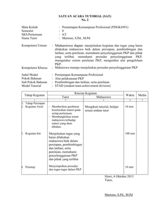 SATUAN ACARA TUTORIAL (SAT)
No. 2
Mata Kuliah
Semester
SKS/Pertemuan
Nama Tutor
Kompetensi Umum

:
:
:
:

Pemantapan Kemampuan Profesional (PDGK4501)
8
4/2
Martono, S.Pd., M.Pd

Kompetensi Khusus

: Mahasiswa dapat: menjelaskan kegiatan dan tugas yang harus
dilakukan mahasiswa baik dalam persiapan, pembimbingan dan
latihan, serta penilaian, memahami penyelenggaraan PKP dan pihak
yang terlibat, memahami prosedur penyelenggaraan PKP,
mengetahui sistem penilaian PKP, mengetahui alur pengelolaan
PKP.
: Mahasiswa mampu menjelaskan prosedur penyelenggaraan PKP

Judul Modul
Pokok Bahasan
Sub Pokok Bahasan
Model Tutorial

:
:
:
:

Tahap Kegiatan
1

1. Tahap Persiapan
2. Kegiatan Awal

Pemantapan Kemampuan Profesional
Alur pelaksanaan PKP
Pembimbingan dan latihan, serta penilaian
STAD (student team achievement division)

Tutor

Rincian Kegiatan
Mahasiswa

2

- Memberikan gambaran
keseluruhan materi pada
setiap pertemuan.
- Membangkitkan minat
mahasiswa terhadap
materi yang akan
dibahas.

Mengikuti tutorial, belajar
sesuai arahan tutor

Media

4

3

Waktu

5

10 mnt

3. Kegiatan Inti

Menjelaskan tugas yang
harus dilakukan
mahasiswa baik dalam
persiapan, pembimbingan
dan latihan, serta
penilaian, memahami
penyelenggaraan PKP
dan pihak yang terlibat

100 mnt

4. Penutup

Menyimpulkan prosedur
dan tugas-tugas dalam PKP

10 mnt

Slawi, 6 Oktober 2013
Tutor,

Martono, S.Pd., M.Pd

 