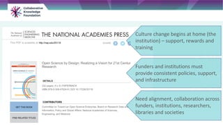 Need alignment, collaboration across
funders, institutions, researchers,
libraries and societies
Culture change begins at home (the
institution) – support, rewards and
training
Funders and institutions must
provide consistent policies, support,
and infrastructure
 