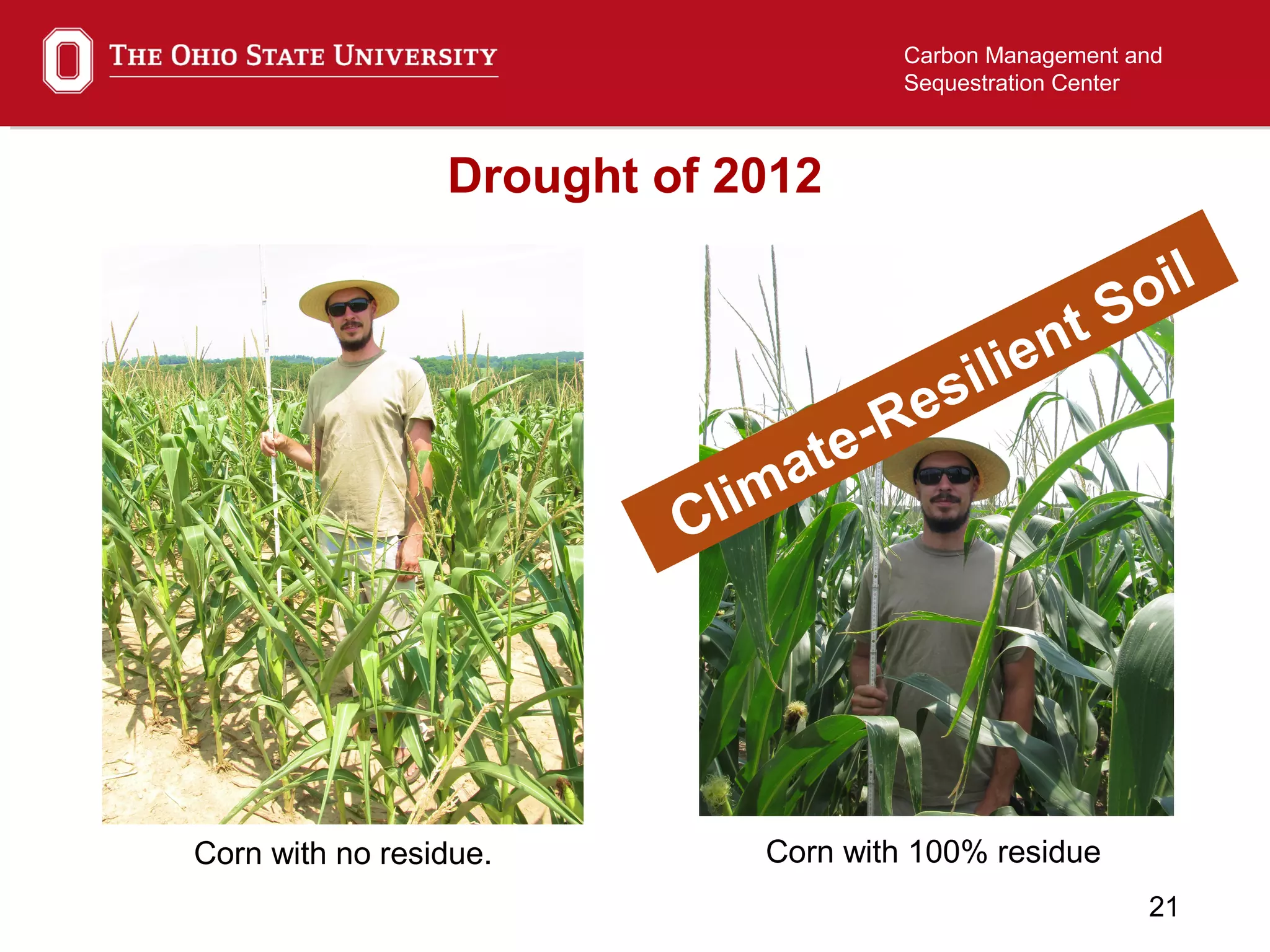 21
Carbon Management and
Sequestration Center
Corn with no residue. Corn with 100% residue
Drought of 2012
Climate-Resilient Soil
 