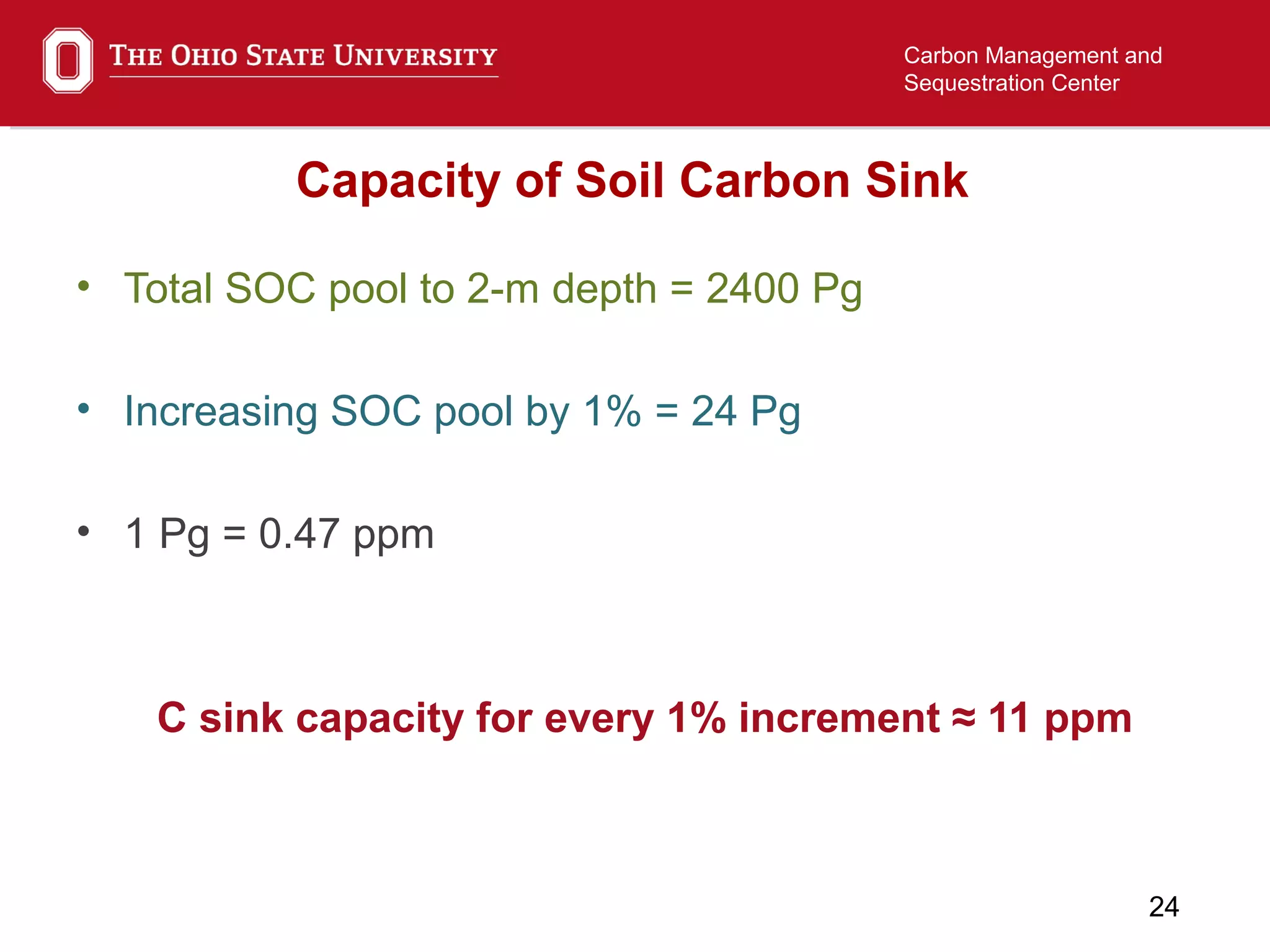 24
Carbon Management and
Sequestration Center
• Total SOC pool to 2-m depth = 2400 Pg
• Increasing SOC pool by 1% = 24 Pg
• 1 Pg = 0.47 ppm
C sink capacity for every 1% increment ≈ 11 ppm
Capacity of Soil Carbon Sink
 