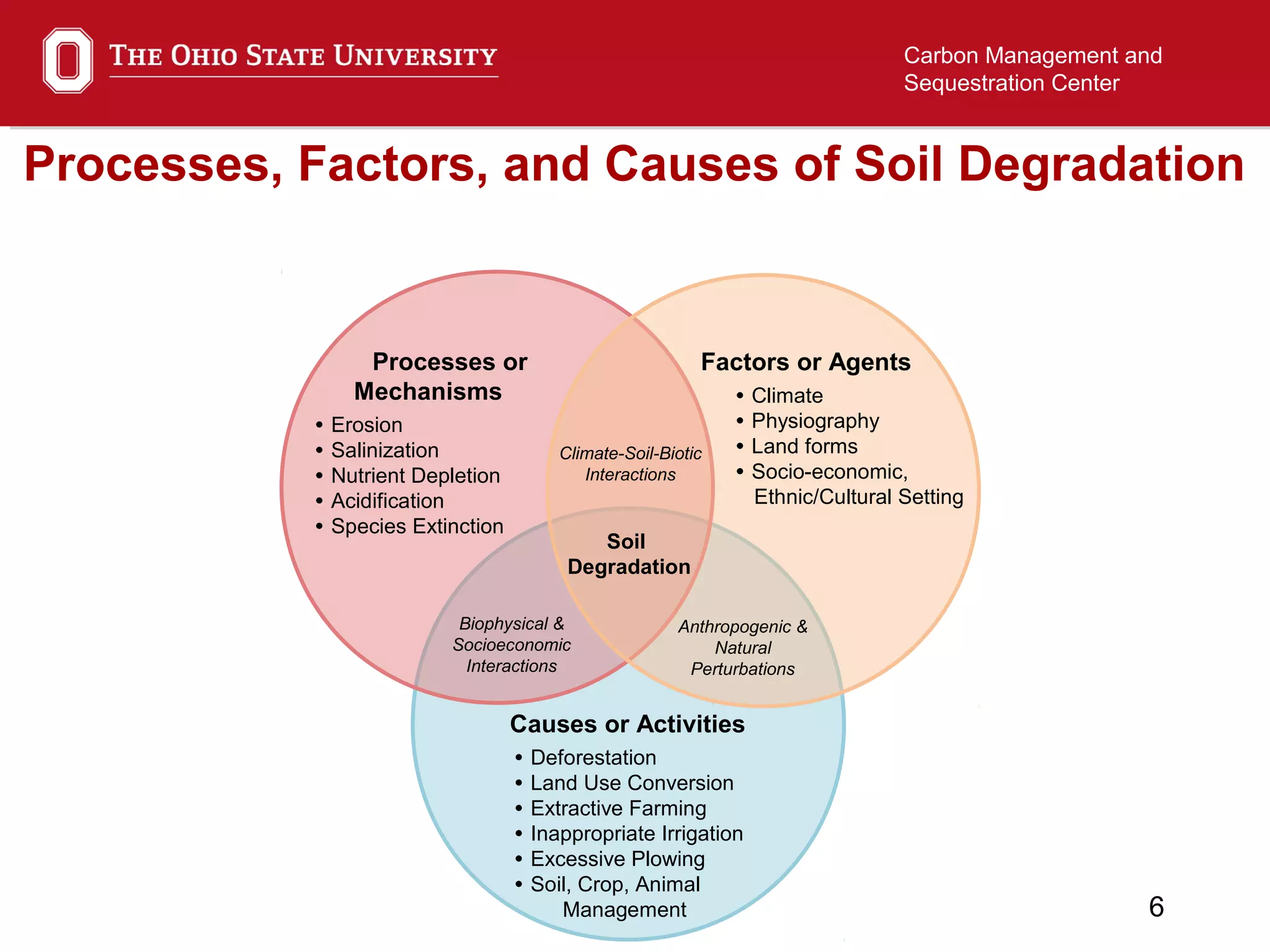 6
Carbon Management and
Sequestration Center
Causes or Activities
 Deforestation
 Land Use Conversion
 Extractive Farming
 Inappropriate Irrigation
 Excessive Plowing
 Soil, Crop, Animal
Management
Processes or
Mechanisms
 Erosion
 Salinization
 Nutrient Depletion
 Acidification
 Species Extinction
Factors or Agents
 Climate
 Physiography
 Land forms
 Socio-economic,
Ethnic/Cultural Setting
Soil
Degradation
Anthropogenic &
Natural
Perturbations
Biophysical &
Socioeconomic
Interactions
Climate-Soil-Biotic
Interactions
Processes, Factors, and Causes of Soil Degradation
 