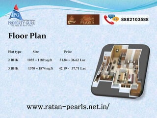 Floor Plan
www.ratan-pearls.net.in/
Flat type Size Price
2 BHK 1035 – 1189 sq.ft 31.84 – 36.62 Lac
3 BHK 1370 – 1874 sq.ft 42.19 - 57.71 Lac
 