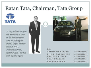 Ratan Tata, Chairman, Tata Group



A shy, reclusive 54-year
old, with little to show
on his business report
card, took charge of
India's largest business
house in 1991.
Nineteen years on,         BY:
                           ABHISEKH RANJAN              (11BM60109)
Ratan Naval Tata has
                           B I J U K . VA RU GH E S E   (11BM60069)
built a proud legacy.      BRAJESH KUMAR                (11BM60009)
                           GYAN PRAKASH                 (11BM60073)
                           PRANAY VERMA                 (11BM60065)
 