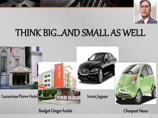 THINK BIG…AND SMALL AS WELL
LuxuriousPierre Hotel
Budget Ginger hotels
Iconic Jaguar
Cheapest Nano
 
