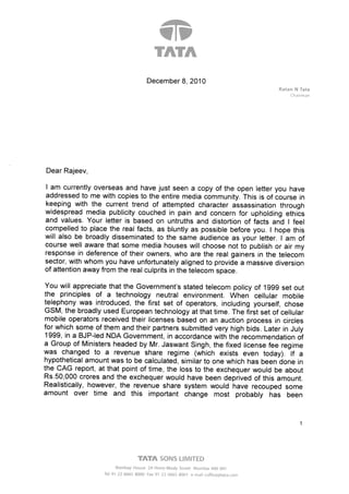Ratan  Tata  Letter - reply to Rajeev Chandrashekhar