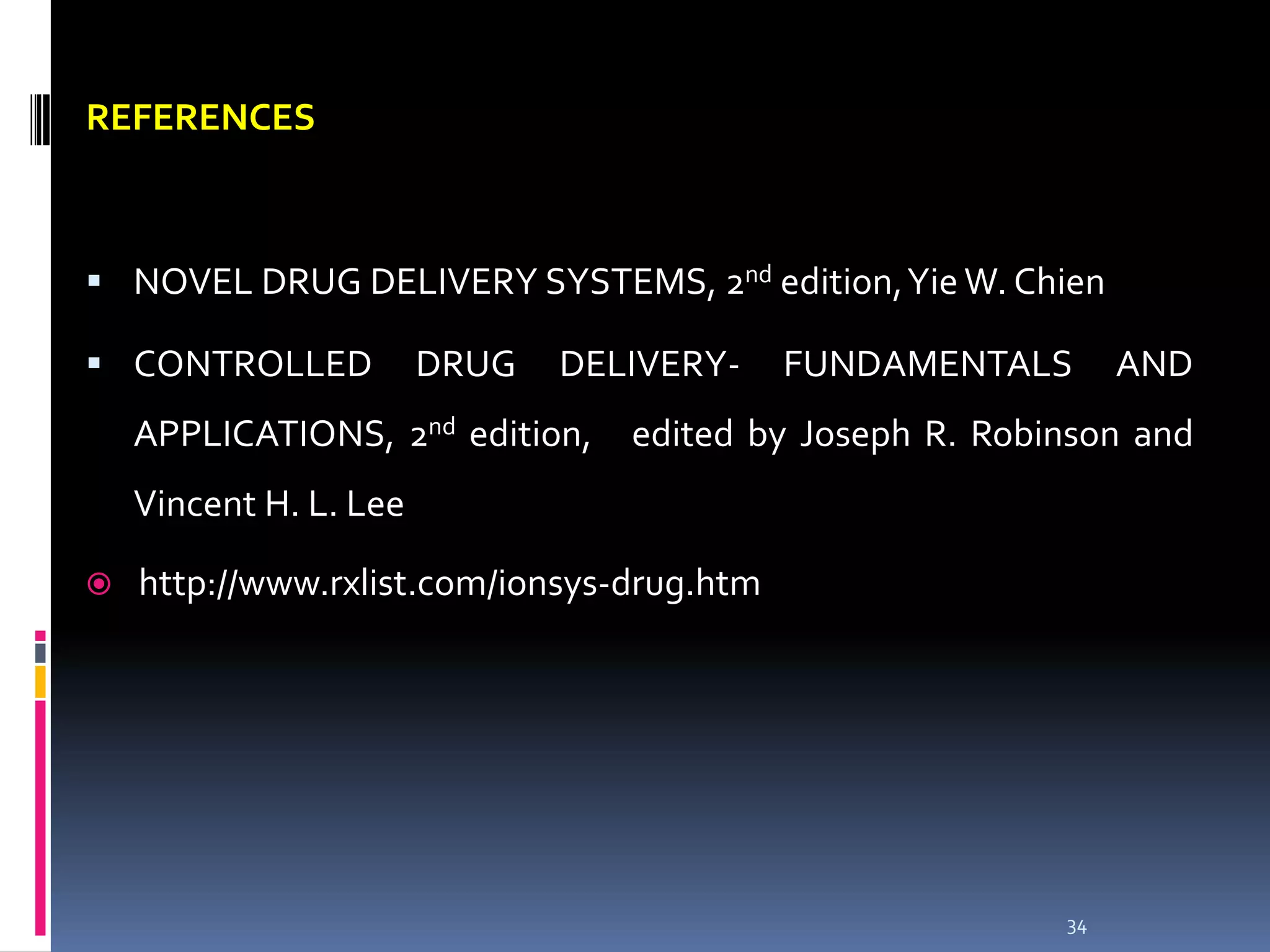 REFERENCES



 NOVEL DRUG DELIVERY SYSTEMS, 2nd edition,Yie W. Chien

 CONTROLLED            DRUG   DELIVERY-    FUNDAMENTALS       AND
    APPLICATIONS, 2nd edition,    edited by Joseph R. Robinson and
    Vincent H. L. Lee

   http://www.rxlist.com/ionsys-drug.htm




                                                          34
 