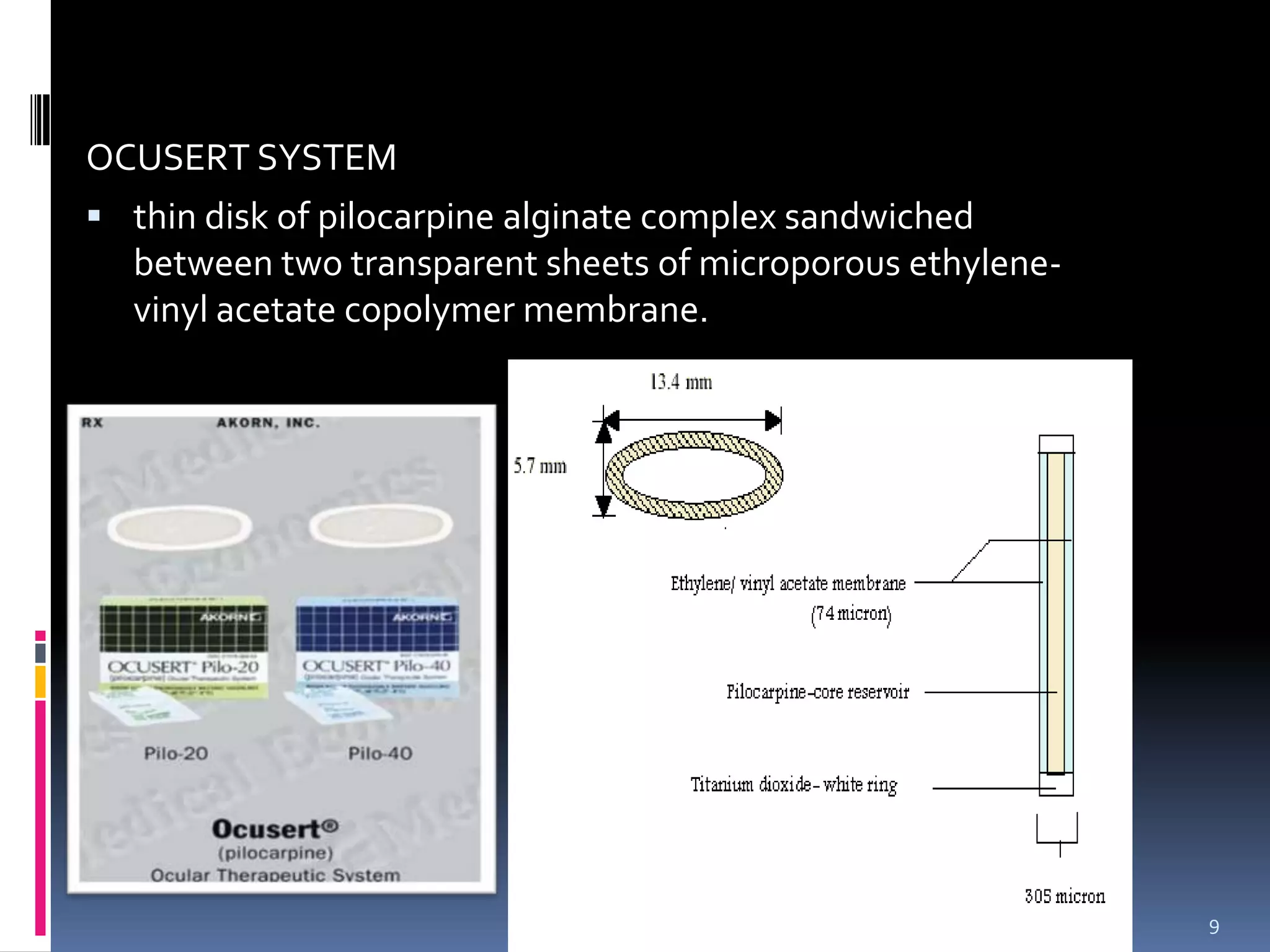 OCUSERT SYSTEM
 thin disk of pilocarpine alginate complex sandwiched
  between two transparent sheets of microporous ethylene-
  vinyl acetate copolymer membrane.




                                                            9
 