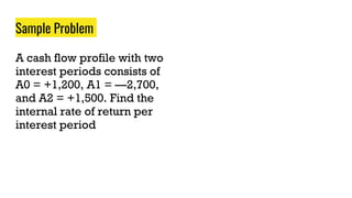 Sample Problem
A cash flow profile with two
interest periods consists of
A0 = +1,200, A1 = —2,700,
and A2 = +1,500. Find the
internal rate of return per
interest period
 