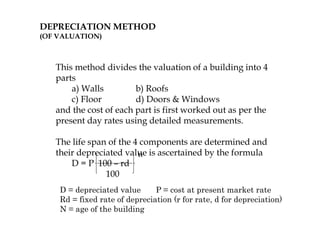 DEPRECIATION METHOD
(OF VALUATION)
This method divides the valuation of a building into 4
parts
a) Walls b) Roofs
c) Floor d) Doors & Windows
and the cost of each part is first worked out as per the
present day rates using detailed measurements.
The life span of the 4 components are determined and
their depreciated value is ascertained by the formula
D = P 100 – rd
100
n
D = depreciated value P = cost at present market rate
Rd = fixed rate of depreciation (r for rate, d for depreciation)
N = age of the building
 