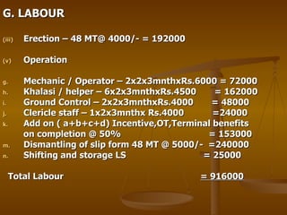 G. LABOUR Erection – 48 MT@ 4000/- = 192000 Operation Mechanic / Operator – 2x2x3mnthxRs.6000 = 72000 Khalasi / helper – 6x2x3mnthxRs.4500  = 162000 Ground Control – 2x2x3mnthxRs.4000  = 48000 Clericle staff – 1x2x3mnthx Rs.4000  =24000 Add on ( a+b+c+d) Incentive,OT,Terminal benefits on completion @ 50%  = 153000 Dismantling of slip form 48 MT @ 5000/-  =240000 Shifting and storage LS  = 25000 Total Labour  = 916000 