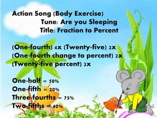 Action Song (Body Exercise)
Tune: Are you Sleeping
Title: Fraction to Percent
(One-fourth) 4x (Twenty-five) 2x
(One-fourth change to percent) 2x
(Twenty-five percent) 2x
One-half = 50%
One-fifth = 20%
Three-fourths = 75%
Two-fifths = 40%