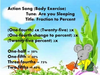 Action Song (Body Exercise)
Tune: Are you Sleeping
Title: Fraction to Percent
(One-fourth) 4x (Twenty-five) 2x
(One-fourth change to percent) 2x
(Twenty-five percent) 2x
One-half = 50%
One-fifth = 20%
Three-fourths = 75%
Two-fifths = 40%
 