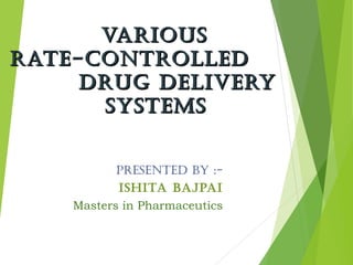 VariousVarious
raTE-CoNTroLLEDraTE-CoNTroLLED
DruG DELiVErYDruG DELiVErY
sYsTEMssYsTEMs
PrEsENTED BY :-
ishiTa BajPai
Masters in Pharmaceutics
 