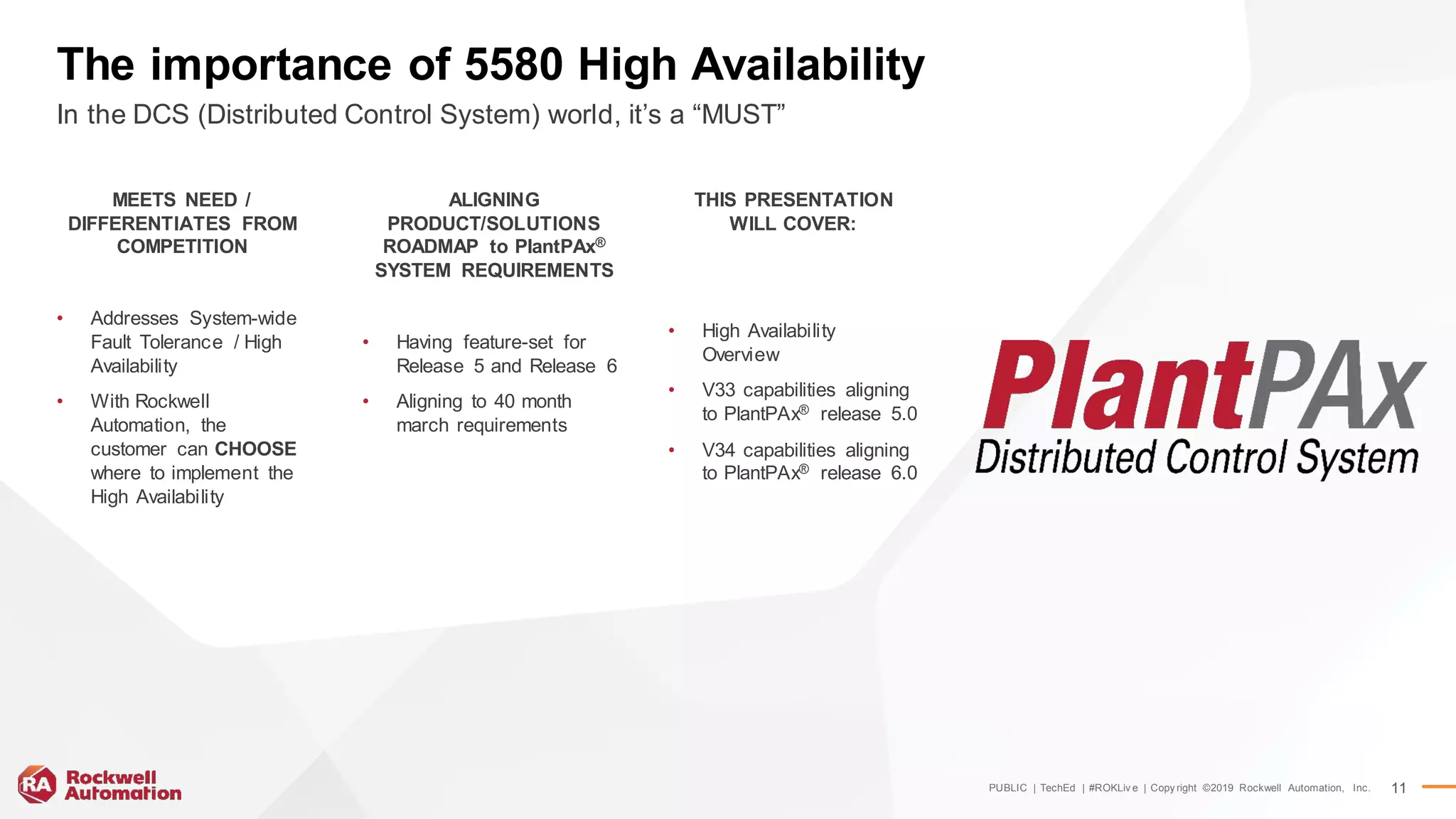PUBLIC | TechEd | #ROKLiv e | Copy right ©2019 Rockwell Automation, Inc. 11
The importance of 5580 High Availability
MEETS NEED /
DIFFERENTIATES FROM
COMPETITION
• Addresses System-wide
Fault Tolerance / High
Availability
• With Rockwell
Automation, the
customer can CHOOSE
where to implement the
High Availability
ALIGNING
PRODUCT/SOLUTIONS
ROADMAP to PlantPAx®
SYSTEM REQUIREMENTS
• Having feature-set for
Release 5 and Release 6
• Aligning to 40 month
march requirements
THIS PRESENTATION
WILL COVER:
• High Availability
Overview
• V33 capabilities aligning
to PlantPAx® release 5.0
• V34 capabilities aligning
to PlantPAx® release 6.0
In the DCS (Distributed Control System) world, it’s a “MUST”
 