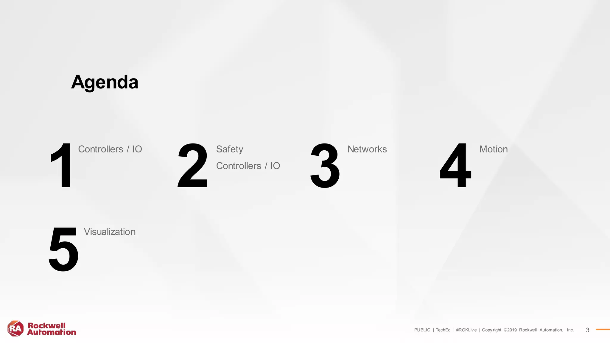 PUBLIC | TechEd | #ROKLiv e | Copy right ©2019 Rockwell Automation, Inc. 3
Agenda
Controllers / IO Safety
Controllers / IO
Networks Motion
Visualization
1 2 3 4
5
 