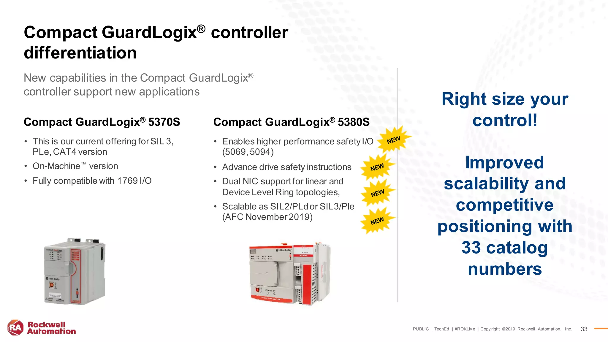 PUBLIC | TechEd | #ROKLiv e | Copy right ©2019 Rockwell Automation, Inc. 33
Right size your
control!
Improved
scalability and
competitive
positioning with
33 catalog
numbers
New capabilities in the Compact GuardLogix®
controller support new applications
Compact GuardLogix® controller
differentiation
Compact GuardLogix® 5370S
• This is our current offering forSIL 3,
PLe,CAT4 version
• On-Machine™
version
• Fully compatible with 1769 I/O
Compact GuardLogix® 5380S
• Enables higher performance safetyI/O
(5069,5094)
• Advance drive safety instructions
• Dual NIC supportfor linear and
Device Level Ring topologies,
• Scalable as SIL2/PLdor SIL3/Ple
(AFC November2019)
 