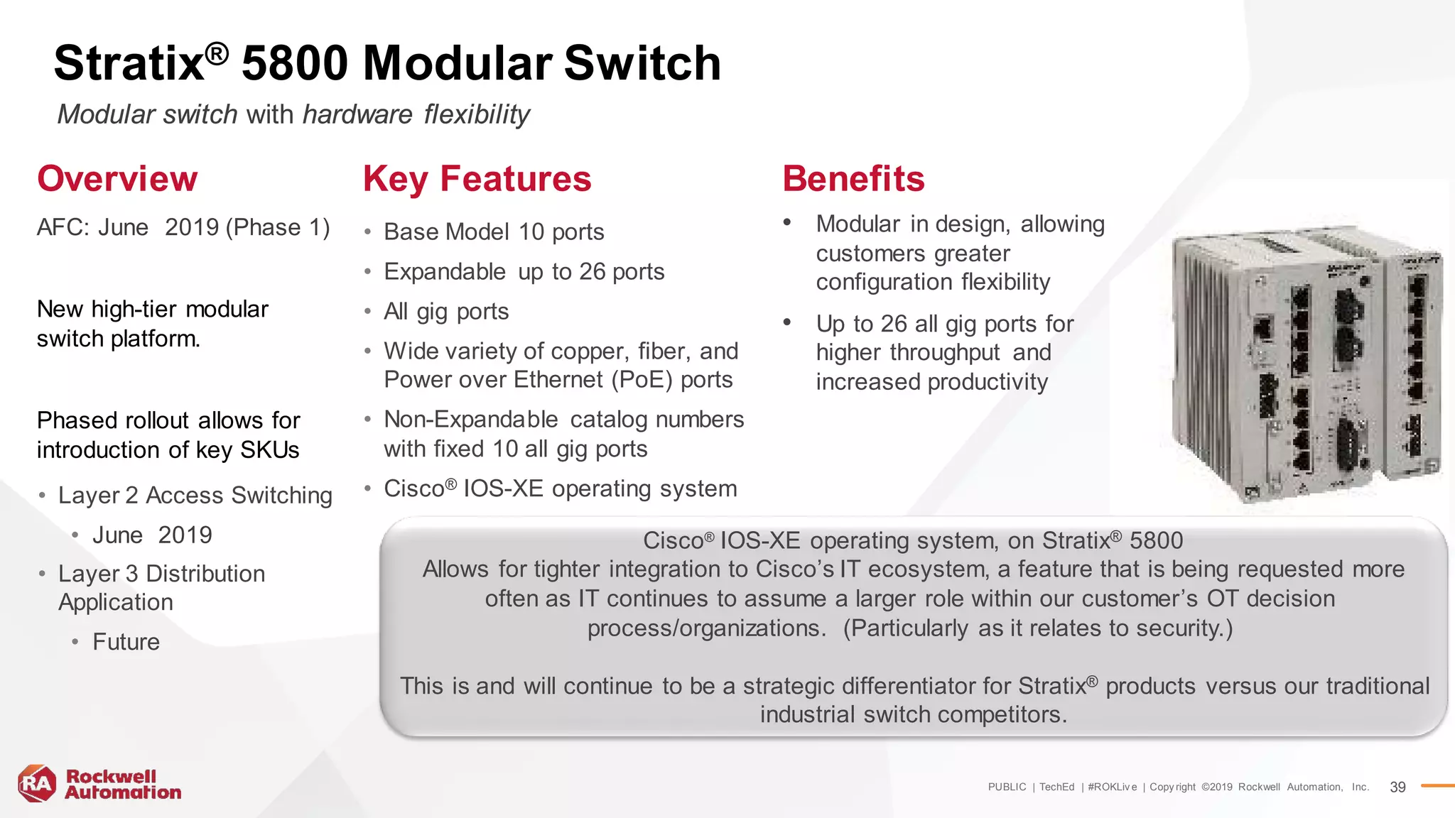 PUBLIC | TechEd | #ROKLiv e | Copy right ©2019 Rockwell Automation, Inc. 39
Stratix® 5800 Modular Switch
Overview
AFC: June 2019 (Phase 1)
New high-tier modular
switch platform.
Phased rollout allows for
introduction of key SKUs
• Layer 2 Access Switching
• June 2019
• Layer 3 Distribution
Application
• Future
Key Features
• Base Model 10 ports
• Expandable up to 26 ports
• All gig ports
• Wide variety of copper, fiber, and
Power over Ethernet (PoE) ports
• Non-Expandable catalog numbers
with fixed 10 all gig ports
• Cisco® IOS-XE operating system
Modular switch with hardware flexibility
Benefits
• Modular in design, allowing
customers greater
configuration flexibility
• Up to 26 all gig ports for
higher throughput and
increased productivity
Cisco®
IOS-XE operating system, on Stratix® 5800
Allows for tighter integration to Cisco’s IT ecosystem, a feature that is being requested more
often as IT continues to assume a larger role within our customer’s OT decision
process/organizations. (Particularly as it relates to security.)
This is and will continue to be a strategic differentiator for Stratix® products versus our traditional
industrial switch competitors.
 