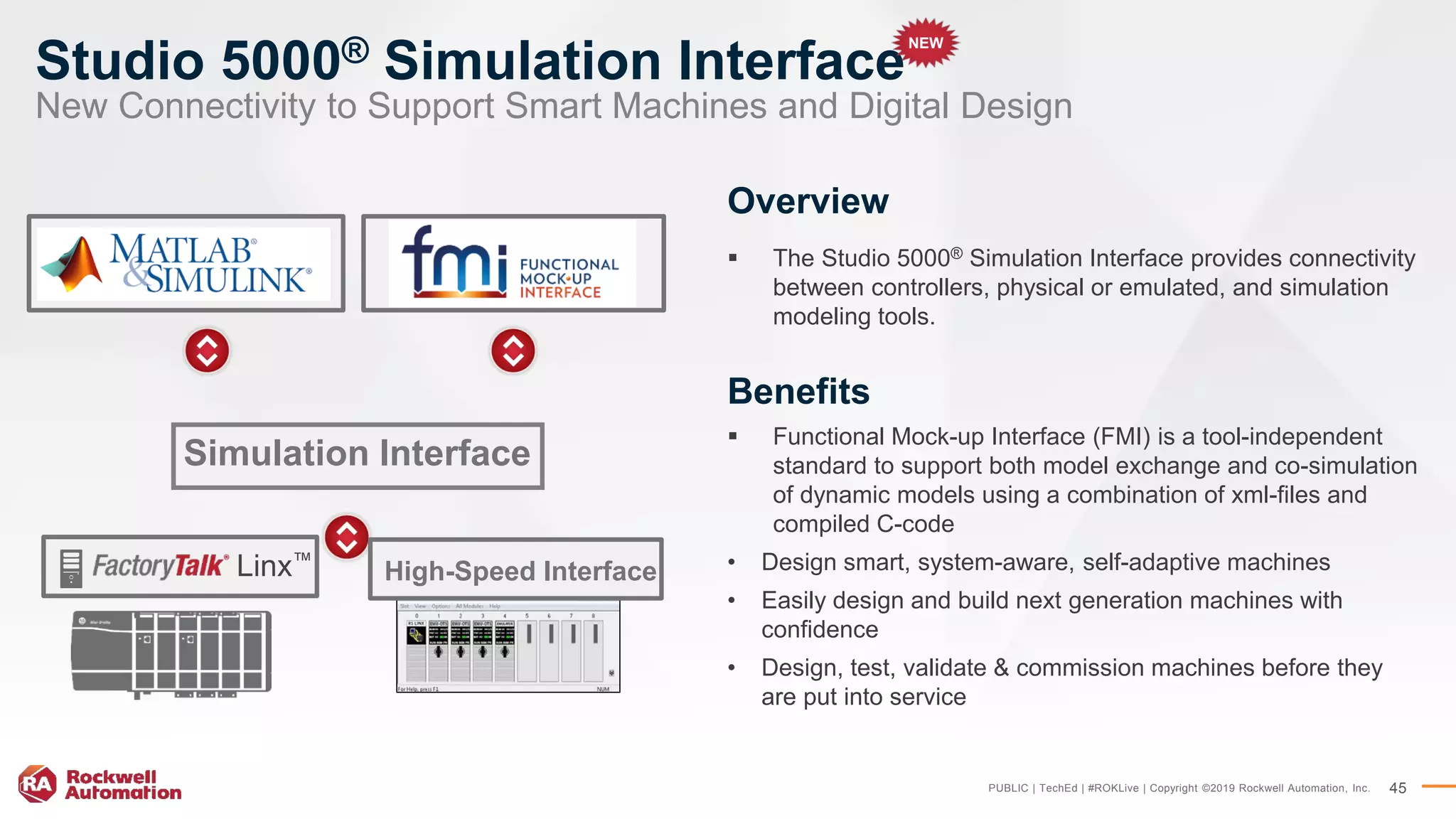 PUBLIC | TechEd | #ROKLive | Copyright ©2019 Rockwell Automation, Inc. 45
Studio 5000® Simulation Interface
New Connectivity to Support Smart Machines and Digital Design
Overview
 The Studio 5000® Simulation Interface provides connectivity
between controllers, physical or emulated, and simulation
modeling tools.
Benefits
 Functional Mock-up Interface (FMI) is a tool-independent
standard to support both model exchange and co-simulation
of dynamic models using a combination of xml-files and
compiled C-code
• Design smart, system-aware, self-adaptive machines
• Easily design and build next generation machines with
confidence
• Design, test, validate & commission machines before they
are put into service
Linx™
Simulation Interface
High-Speed Interface
NEW
 