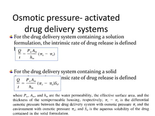 Osmotic pressure- activated
drug delivery systems
35
For the drug delivery system containing a solution
formulation, the intrinsic rate of drug release is defined
by,
For the drug delivery system containing a solid
formulation, the intrinsic rate of drug release is defined
by,
 
