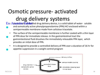 Osmotic pressure- activated
drug delivery systems
• An oral rate-controlled drug delivery device, is a solid tablet of water- soluble
and osmotically active phenylpropanolamine (PPA) HCl enclosed within a
semipermeable membrane made from cellulose triacetate.
• The surface of the semipermeable membrane is further coated with a thin layer
of PPA dose for immediate release. In the gastrointestinal tract the
gastrointestional fluid dissolves the immediately releasable PPA layer, which
provides an initial dose of PPA.
• It is designed to provide a controlled delivery of PPA over a duration of 16 hr for
appetite suppression in a weight control program
04/21/18 38
Ex. Acutrim Tablet
●
●
●
 