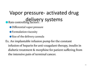 Vapor pressure- activated drug
delivery systems
46
●Rate controlling factors :
●Differential vapor pressure
●Formulation viscosity
●Size of the delivery cannula
Ex. An implantable infusion pump for the constant
infusion of heparin for anti-coagulant therapy, insulin in
diabetic treatment & morphine for patient suffering from
the intensive pain of terminal cancer.
 