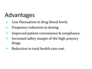 Advantages
6
➢
➢
➢
➢
➢
Less fluctuation in drug blood levels.
Frequency reduction in dosing.
Improved patient convenience & compliance.
Increased safety margin of the high potency
drugs.
Reduction in total health care cost.
 