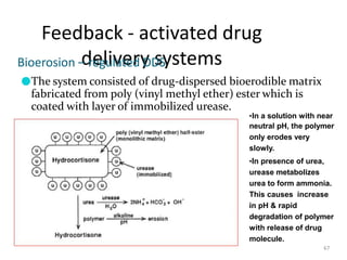 Feedback - activated drug
delivery systems
67
Bioerosion – regulated DDS
●The system consisted of drug-dispersed bioerodible matrix
fabricated from poly (vinyl methyl ether) ester which is
coated with layer of immobilized urease.
•In a solution with near
neutral pH, the polymer
only erodes very
slowly.
•In presence of urea,
urease metabolizes
urea to form ammonia.
This causes increase
in pH & rapid
degradation of polymer
with release of drug
molecule.
 