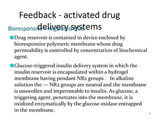 Feedback - activated drug
delivery systems
68
Bioresponsive – regulated DDS
●Drug reservoir is contained in device enclosed by
bioresponsive polymeric membrane whose drug
permeability is controlled by concentration of biochemical
agent.
●Glucose-triggered insulin delivery system in which the
insulin reservoir is encapsulated within a hydrogel
membrane having pendant NR2 groups . In alkaline
solution the — NR2 groups are neutral and the membrane
is unswollen and impermeable to insulin. As glucose, a
triggering agent, penetrates into the membrane, it is
oxidized enzymatically by the glucose oxidase entrapped
in the membrane.
 