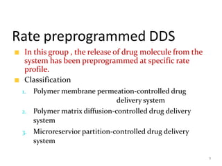 Rate preprogrammed DDS
9
In this group , the release of drug molecule from the
system has been preprogrammed at specific rate
profile.
Classification
1. Polymer membrane permeation-controlled drug
delivery system
2. Polymer matrix diffusion-controlled drug delivery
system
3. Microreservior partition-controlled drug delivery
system
 