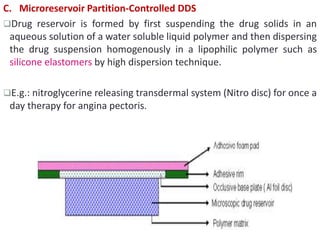 C. Microreservoir Partition-Controlled DDS
Drug reservoir is formed by first suspending the drug solids in an
aqueous solution of a water soluble liquid polymer and then dispersing
the drug suspension homogenously in a lipophilic polymer such as
silicone elastomers by high dispersion technique.
E.g.: nitroglycerine releasing transdermal system (Nitro disc) for once a
day therapy for angina pectoris.
 