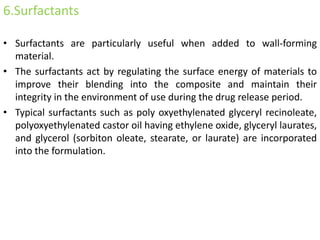 6.Surfactants
• Surfactants are particularly useful when added to wall-forming
material.
• The surfactants act by regulating the surface energy of materials to
improve their blending into the composite and maintain their
integrity in the environment of use during the drug release period.
• Typical surfactants such as poly oxyethylenated glyceryl recinoleate,
polyoxyethylenated castor oil having ethylene oxide, glyceryl laurates,
and glycerol (sorbiton oleate, stearate, or laurate) are incorporated
into the formulation.
 