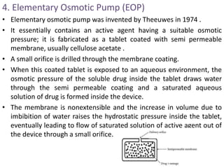 4. Elementary Osmotic Pump (EOP)
• Elementary osmotic pump was invented by Theeuwes in 1974 .
• It essentially contains an active agent having a suitable osmotic
pressure; it is fabricated as a tablet coated with semi permeable
membrane, usually cellulose acetate .
• A small orifice is drilled through the membrane coating.
• When this coated tablet is exposed to an aqueous environment, the
osmotic pressure of the soluble drug inside the tablet draws water
through the semi permeable coating and a saturated aqueous
solution of drug is formed inside the device.
• The membrane is nonextensible and the increase in volume due to
imbibition of water raises the hydrostatic pressure inside the tablet,
eventually leading to flow of saturated solution of active agent out of
the device through a small orifice.
 
